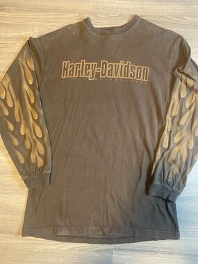 Y2K Harley-Davidson Brown Long Sleeve with Gold Flames - Seattle, WA
